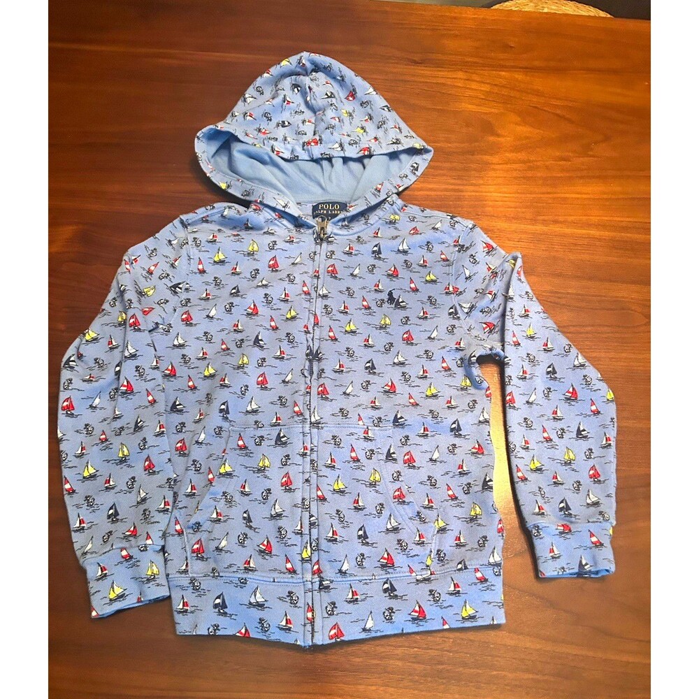 Polo Ralph Lauren Boys Blue Full Zip Fleece Hoodie Sailboat Graphic Print Sz 7